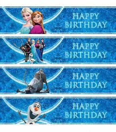 four frozen princess birthday tags with the names happy birthday, happy birthday and happy birthday