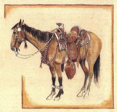 a drawing of a horse with saddles on it's back