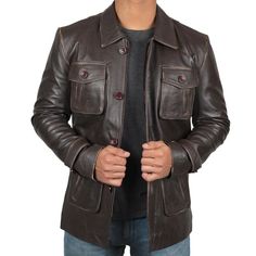 Description This Atlanta dark brown distressed leather jacket is 100% genuine leather, with viscose lining, button closure and belted adjusted cuffs to uplift the attire's appearance.It features four patch pockets with large red buttons and shirt style collar to give it an adventurous look. Material: Genuine Leather lined with Polyester Key Features: Zip Closure , Coat collar Style Pockets: Four External Patch Pockets and two inside pockets Color: Dark Brown Order Processing & Shipping The estim Distressed Brown Leather Biker Jacket With Pockets, Fitted Brown Leather Jacket With Buttons, Fitted Brown Biker Jacket With Button Closure, Brown Leather Jacket With Snap Buttons And Lapel Collar, Leather Jacket With Buttons And Long Sleeves, Brown Leather Biker Jacket With Pockets, Classic Brown Biker Jacket With Button Closure, Brown Collared Leather Jacket With Buttons, Brown Leather Jacket With Button Closure For Business