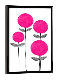 three pink flowers with leaves on a white background in a black frame, hanging on the wall