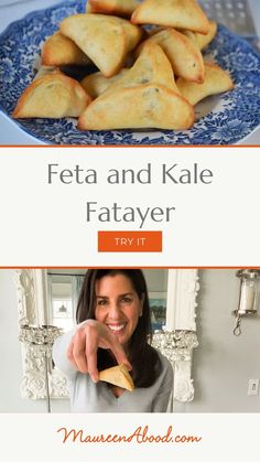 a woman is eating some food on a blue and white plate with the words feta and kale flatayer