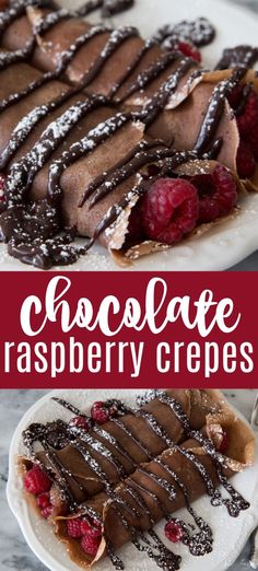 chocolate raspberry crepes on a white plate