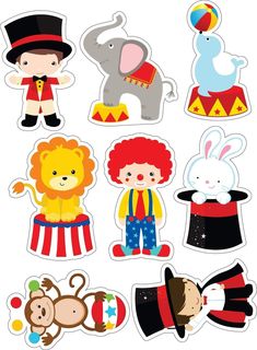 various stickers with circus characters on them