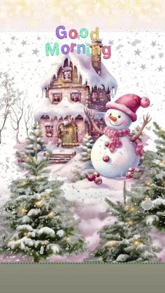 a christmas card with a snowman in front of a house and trees on it