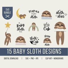 baby sloth clipart bundle with cute animals and text example for svg or dxf