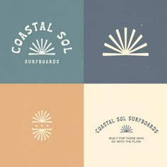 the logos for coastal surfboards are shown in four different colors and styles, including blue, orange, yellow, and white