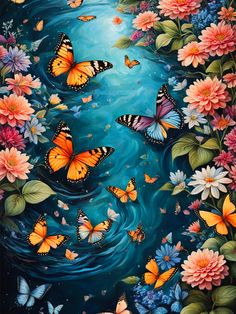 a painting of butterflies flying over water and flowers