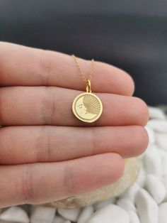 "Dainty 14K Solid Gold Sleeping Moon Necklace, Personalized Sleeping Moon Pendant, Moon Necklace 14k Solid Gold Choose What Size You Want the Pendant Using The Second Option Box Photos Are For The 0.5 inch Diameter Pendant Pendant thickness : 0.5mm Inner diameter of jump ring : 4mm ♥ Material of pendant and chain: Solid Gold k14 ♥ Packaging: All of our jewelry are beautifully boxed and ready for gifting ♥ Colors: Gold, White gold, Rose gold For more personalized designs take a look here: ♥ www.e 14k Gold Moon Necklace With Sun And Moon Design, Sun And Moon Design Charm Necklaces, Moon Phase Coin Necklace As Gift, Yellow Gold Moon Phase Charm Necklaces, Round Yellow Gold Charm Necklaces With Moon Phase, Yellow Gold Moon Phase Round Charm Necklaces, Yellow Gold Moon Phase Charm Necklace, 14k Gold Sun And Moon Design Necklace, 14k Gold Sun And Moon Round Necklace