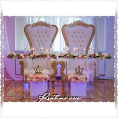 the chairs are decorated with flowers and candles