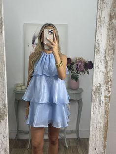 Organza Halterneck Layered Mini Dress – Luxandluxy Tiered Dress For Party, Layered Chiffon Party Dress, Elegant Mini Length Tiered Dress For Party, Layered Mini Dress For Spring Party, Elegant Mini Length Tiered Party Dress, Layered Hem Dress For Parties, Party Dress With Layered Tiered Skirt, Spring Party Mini Dress With Layers, Spring Party Layered Mini Dress