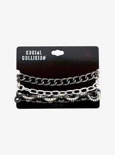 Chain-ge up your look with the perfect accessories! This bracelet set has gunmetal-tone chains and silver-tone chains  one with both intertwined. Trendy Black Metal Chain Bracelet, Gunmetal Chain Link Bracelet, Edgy Adjustable Metal Chain Bracelet, Adjustable Edgy Metal Chain Bracelet, Gunmetal Metal Chain Bracelets, Gunmetal Chain Bracelet In Metal, Edgy Metal Chain Bracelets, Trendy Metal Double Chain Bracelet, Edgy Silver Metal Chain Bracelet