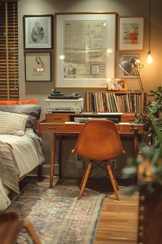 a bed room with a neatly made bed next to a desk and bookshelf