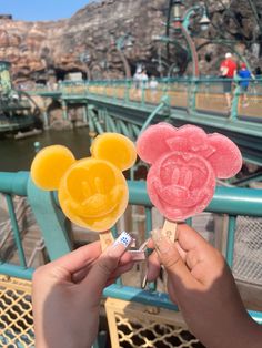 someone holding two pops with mickey mouse faces on them in front of a water park