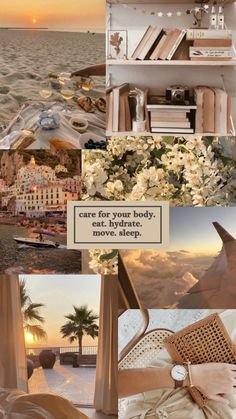 a collage of photos with the words care for your body and more sleep on it