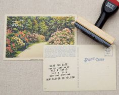 an old postcard with a rubber stamp on it next to some flowers and trees