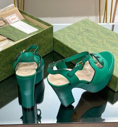 Size: 35-47 It comes with Dust box, Care manual, Tag, and Paper bag.Size Guide: Designer Green Sandals With Round Toe, Designer Green Block Heels, Leather Sandals With Round Toe For Shopping, Designer Green Platform Heels, Green High Heels With Leather Lining, Size Guide, Paper Bag, Things To Come, Women Shoes