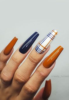 November Nail Designs, Plaid Nail Designs, November Nails, Fall Nail Trends, Fall Nail Art Designs, Fall Acrylic Nails, Thanksgiving Nails