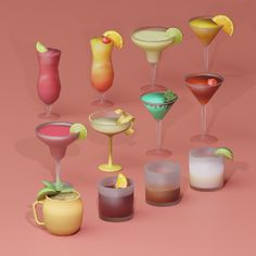 a bunch of different types of cocktails on a pink background, with one in the middle