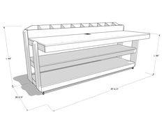 a drawing of a desk with two shelves and one shelf on the bottom, measurements