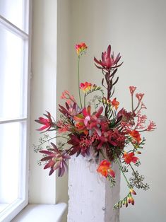 a vase filled with red and orange flowers on top of a window sill next to a white wall