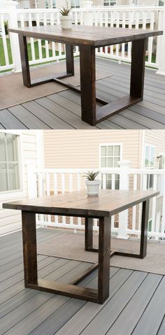 two pictures of a table on a deck with the same color as it appears in this photo