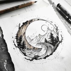 a drawing of a crescent moon with mountains and trees in the background on white paper