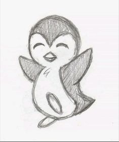 a drawing of a cartoon penguin with one eye closed and the other hand on its chest