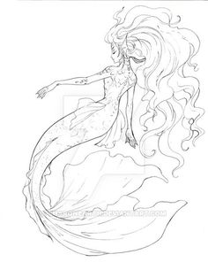 a drawing of a woman with long hair and flowing hair, standing on top of a wave