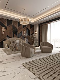 an elegant living room with modern furniture and chandelier