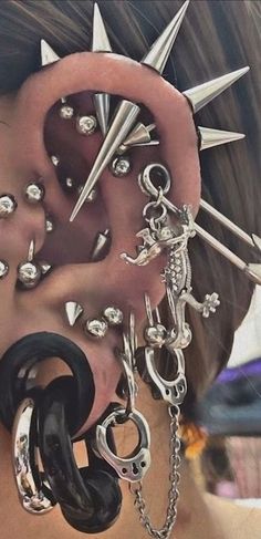 Punk Goth ear piercings composition Vertical Helix Piercing, Pen Tattoo, Facial Piercings, Body Modification