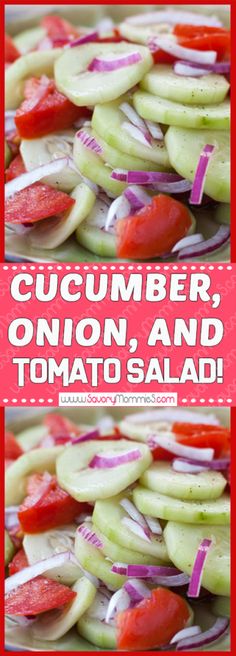 cucumber, onion, and tomato salad with text overlay