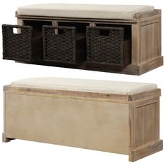 a bench with storage baskets underneath it