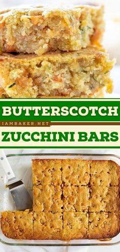 three different types of zucchini bars stacked on top of each other with text overlay