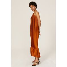 Orange polyester (100% Polyester). Shift. One shoulder. Sleeveless. Pull-on. 53.5" from shoulder to hemline. Imported. One Shoulder Slip Dress For Summer, Summer One-shoulder Slip Dress, Flowy Sleeveless Slip Dress For Evening, One-shoulder Slip Dress For Summer Date Night, Summer One-shoulder Maxi Dress For Date Night, Summer One Shoulder Maxi Dress For Date Night, One Shoulder Maxi Dress For Summer Date Night, Chic Flowy Sleeveless Slip Dress, Chic One Shoulder Sleeveless Dress For Vacation