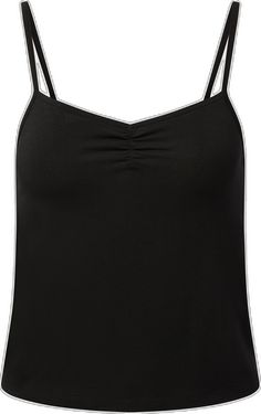 Black Fitted Strappy Top With Delicate Straps, Stretch Tops With Delicate Strappy Design, Casual Tops With Straps In Elastane, Ruched Stretch Camisole With Tank Straps, Stretch Ruched Camisole, Black Ruched Cami Top, Strappy Stretch Tops With Adjustable Straps, Stretch Strappy Tops With Adjustable Straps, Elastane Cami Top With Adjustable Straps