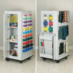 two white storage cabinets filled with different types of sports balls and tennis rackets on wheels