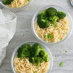 three clear bowls filled with noodles and broccoli