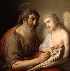 an old painting of two angels with a man holding a book and writing something in it