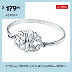 Your initials receive an artistic interpretation on this rhodium-plated bangle bracelet, providing a uniquely personal touch to your everyday style. Initials will appear exactly as entered. Must be three letters, center initial will be enlarged.Metal: Rhodium-plated sterling silverDimensions: 7¼" circumferencePendant Size: 22x30mmPersonalize: Up to 3 script initials. Initials will appear exactly as entered; center initial will be enlarged.Features: Monogrammable, PersonalizedShape: OvalMetal Co… Script Initial, Bracelets Bangle, Silver Monogram, Everyday Style, Bangle Bracelet, Rhodium Plated, Personal Touch, Everyday Fashion, Bangle Bracelets