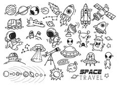 the space travel doodles are drawn in black and white