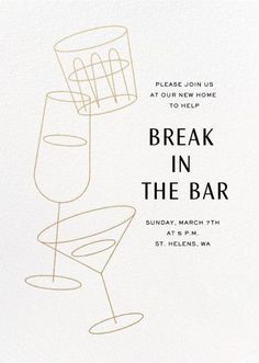 a white card with the words break in the bar on it and an image of two glasses