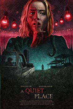 the movie poster for a quiet place with a woman looking at her hand in front of her face