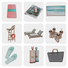 various items are arranged on a white background, including beach towels and flip flops