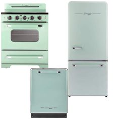 three different types of stoves and refrigerators in various colors, including mint green