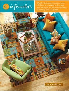 a living room filled with lots of colorful furniture