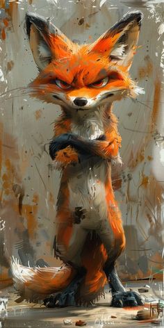 a painting of a red fox standing on its hind legs