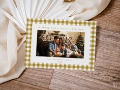 Wish family and friends a Merry Christmas and happy holiday season with a printable DIY simple gingham gold Christmas photo card template showcasing a family picture. This yellow gold plaid picture holiday card template is perfect for a simple and modern tartan family photo holiday card that you can customize.  These editable plaid photo holiday cards are a perfect way to share the holiday cheer and wishes for a happy holiday season. The HARMONIA Collection features a gold plaid background with Plaid Christmas Card, Holiday Card Pictures, Christmas Photo Card Template, Merry Christmas Message, Plaid Background, Holiday Card Template, Christmas Message, Photo Card Template, Diy Simple