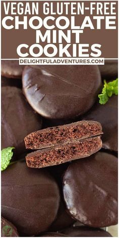 vegan gluten - free chocolate mint cookies on a white plate with green leaves