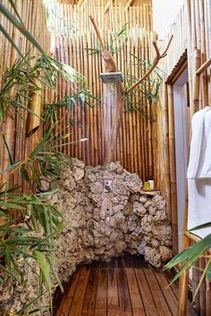 an outdoor shower in the middle of a bamboo wall and wood flooring with plants growing out of it