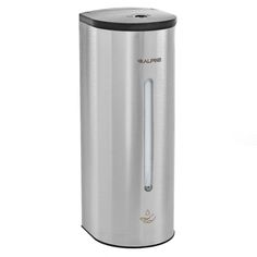 a stainless steel trash can with a black lid